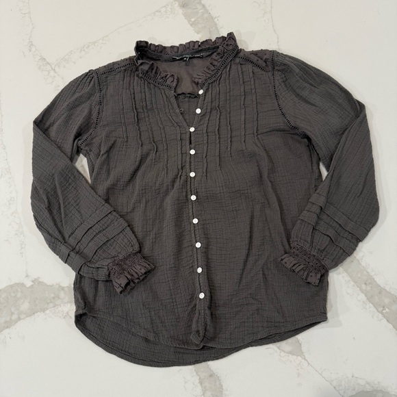 Quince Organic Textured Cotton Peasant Button Front Blouse Women’s Small Gray - Picture 2 of 8